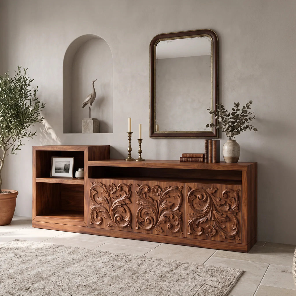 Organic Low Wave Carved Credenza Modern Living Room, solid wood, built to order