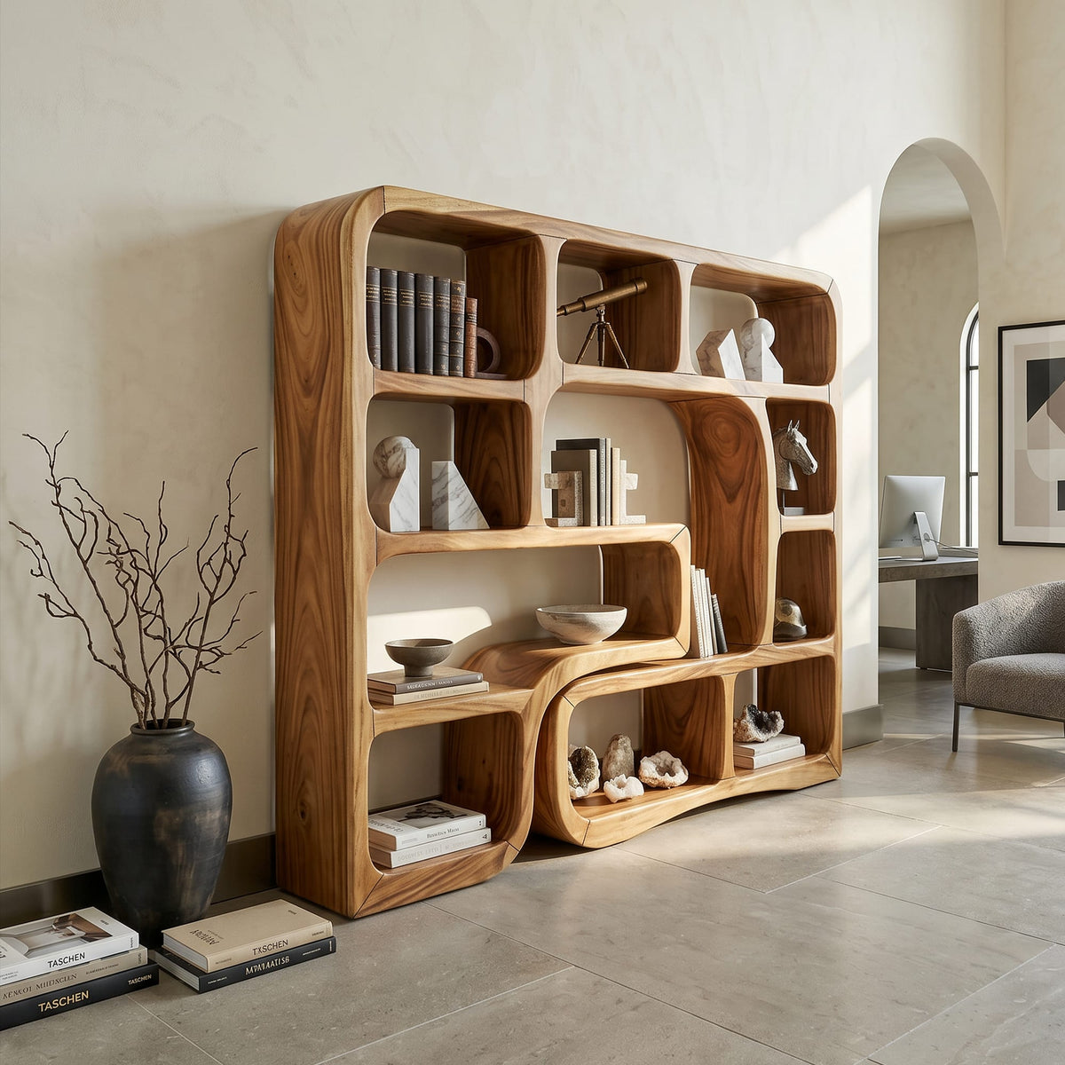 Wooden Bookcase with Organic Wave Design, solid wood, built to order