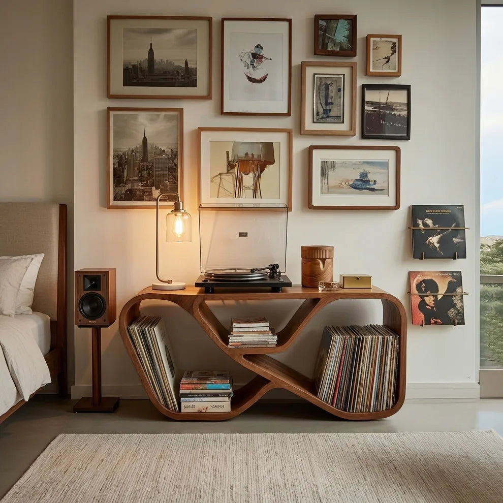Organic Record Player Cabinet with Curved Shelving, solid wood, built to order