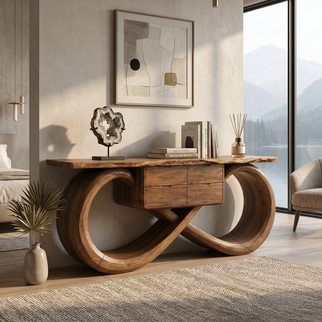 Organic Sculptural Console Table Contemporary Hallway, solid wood, built to order