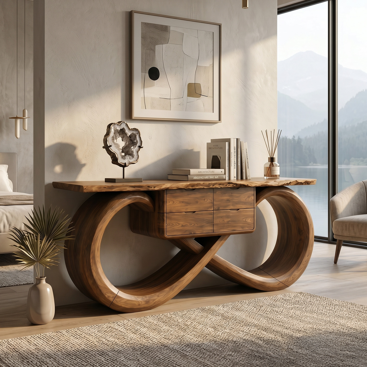 Organic Sculptural Console Table Contemporary Hallway, solid wood, built to order