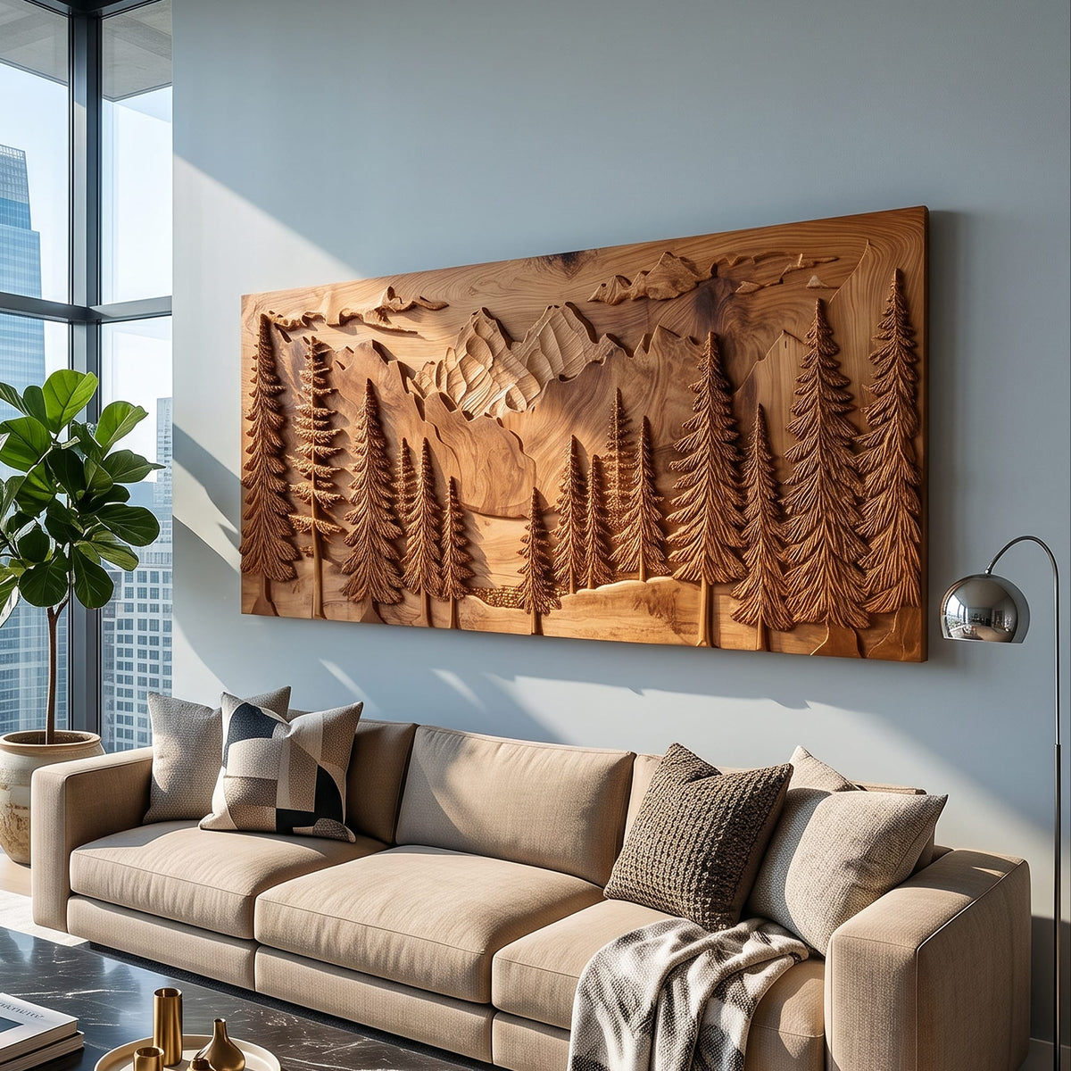 Carved Pine Forest Wood Wall Art, solid wood, built to order