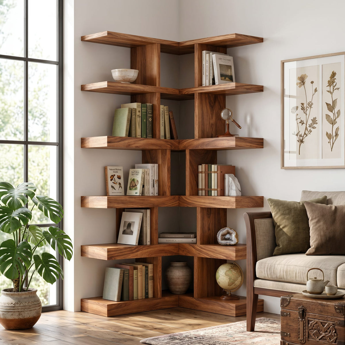 Contemporary Corner Bookcase, solid wood, built to order