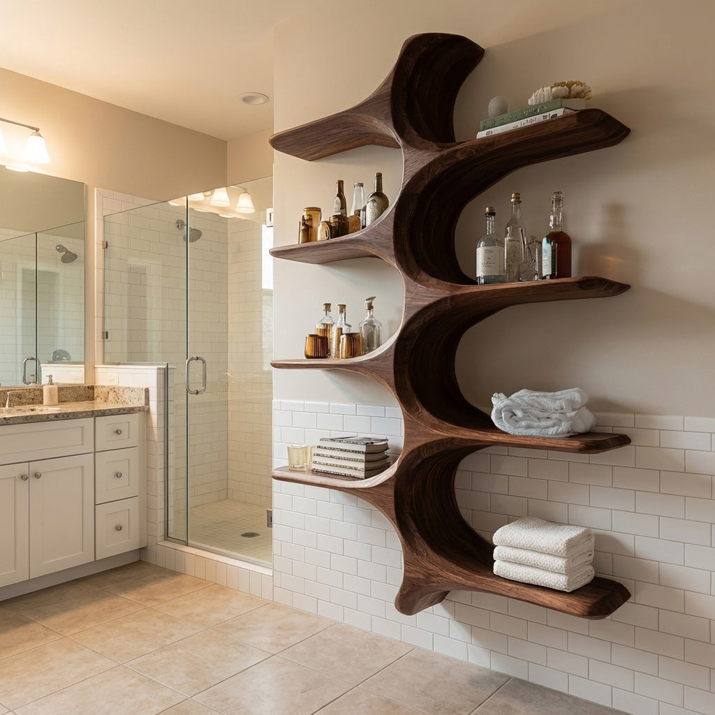 Organic Sculptural Natural Bathroom Shelf for Spa, solid wood, built to order