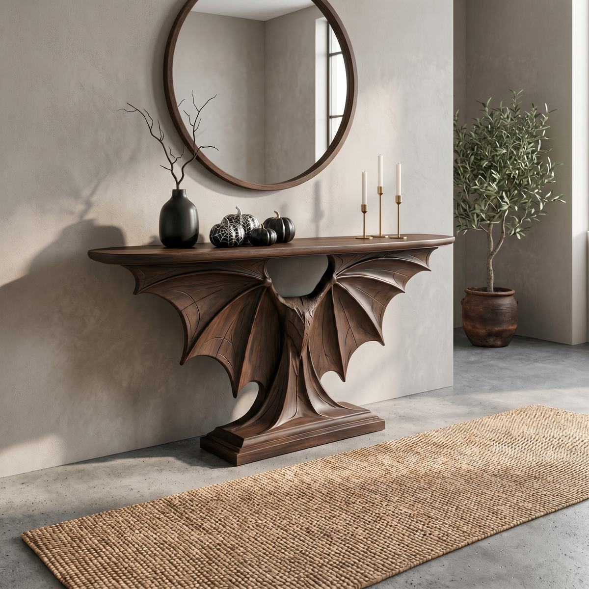 Modern Console Table with Sculptural Bat Wing Design, solid wood, built to order