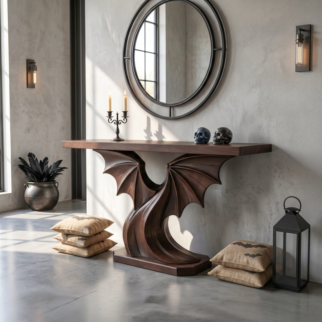 Contemporary Console Table with Sculptural Bat Wing Design, solid wood, built to order