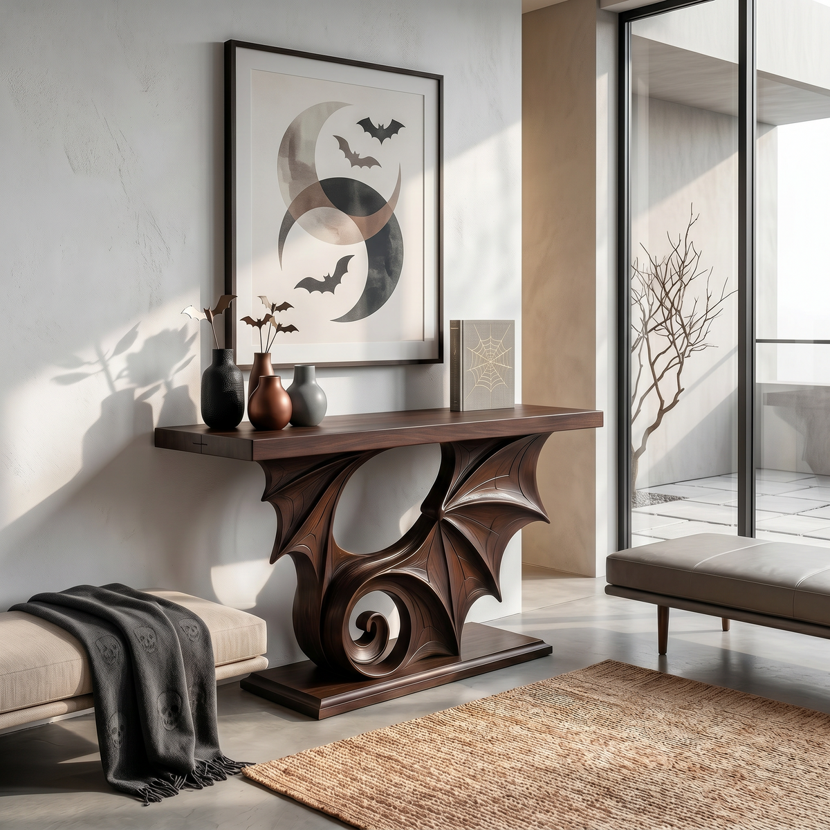 Console Table with Sculptural Bat Design, solid wood, built to order