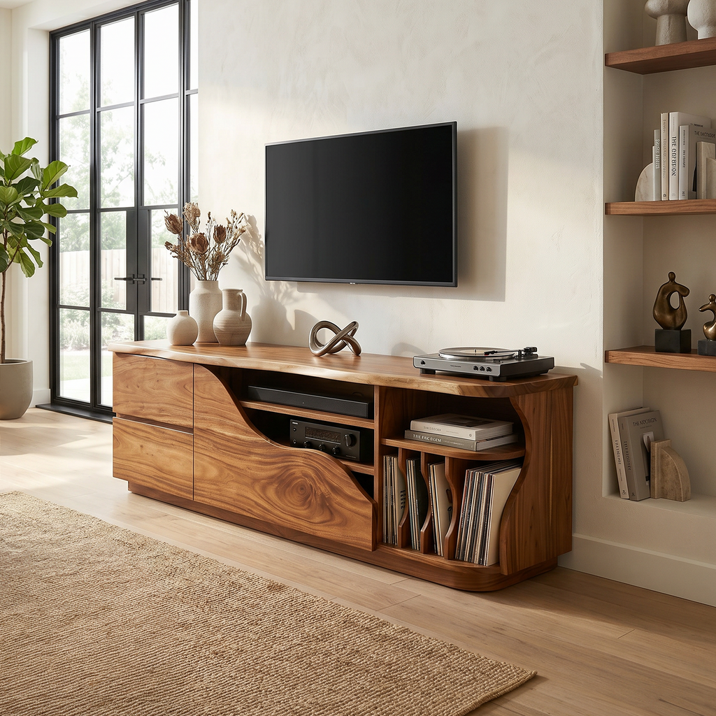 Organic Modern Media Console Vinyl Storage Cabinet, solid wood, built to order
