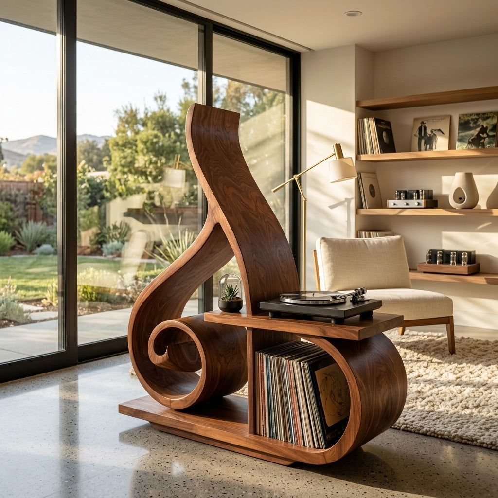 Contemporary Sculptural Record Player Stand, solid wood, built to order