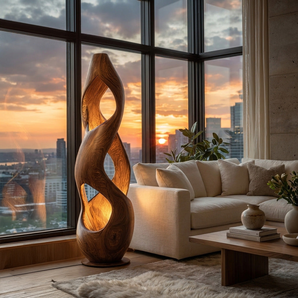 Contemporary Twisted Floor Lamp with Sculptural Hollow, solid wood, built to order