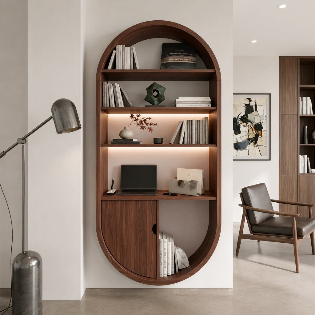Arched Wooden Wall Bookshelf with Cabinet & Lighting, solid wood, built to order