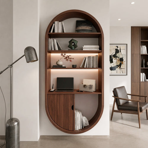 Arched Wooden Wall Bookshelf with Cabinet & Lighting, solid wood, built to order