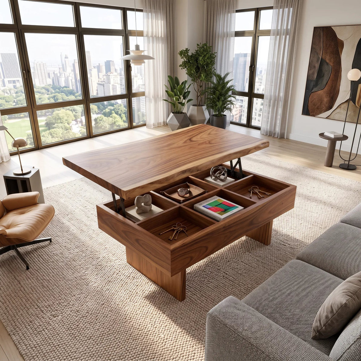 Contemporary Storage Lift Top Coffee Table City Apartment, solid wood, built to order