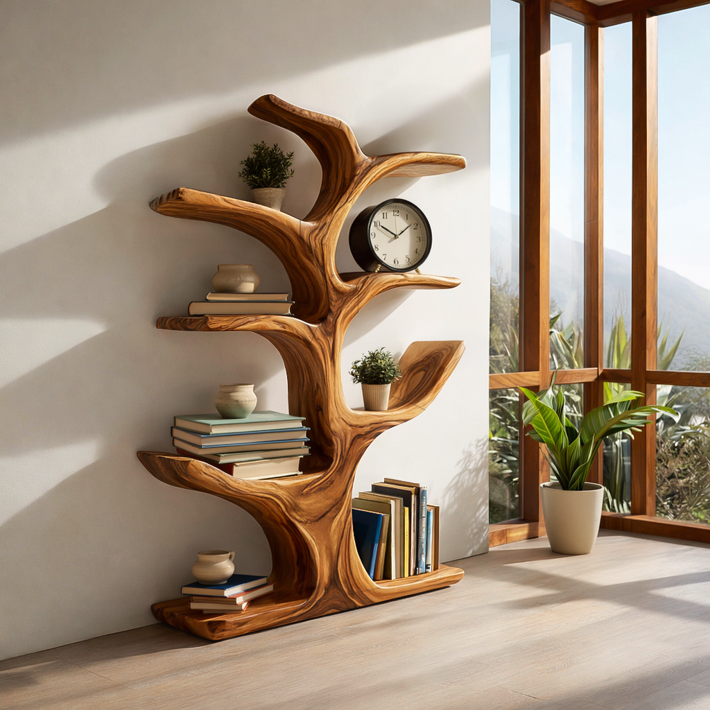 Bookshelf Sculptural Curved Design, solid wood, built to order