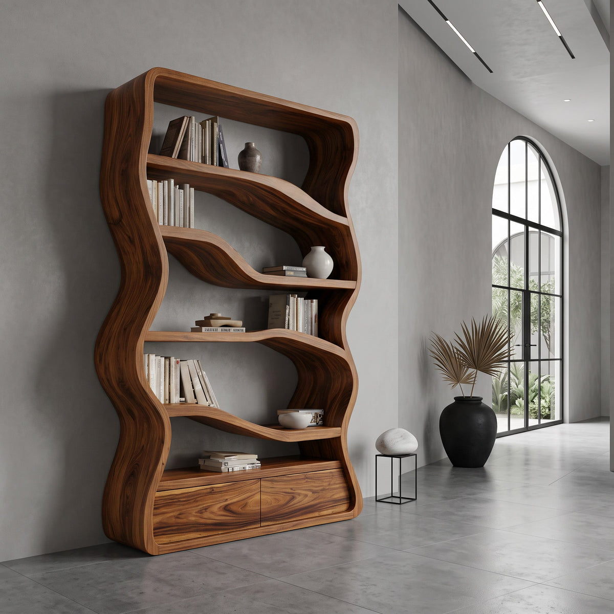 Modern Curved Bookshelf, solid wood, built to order
