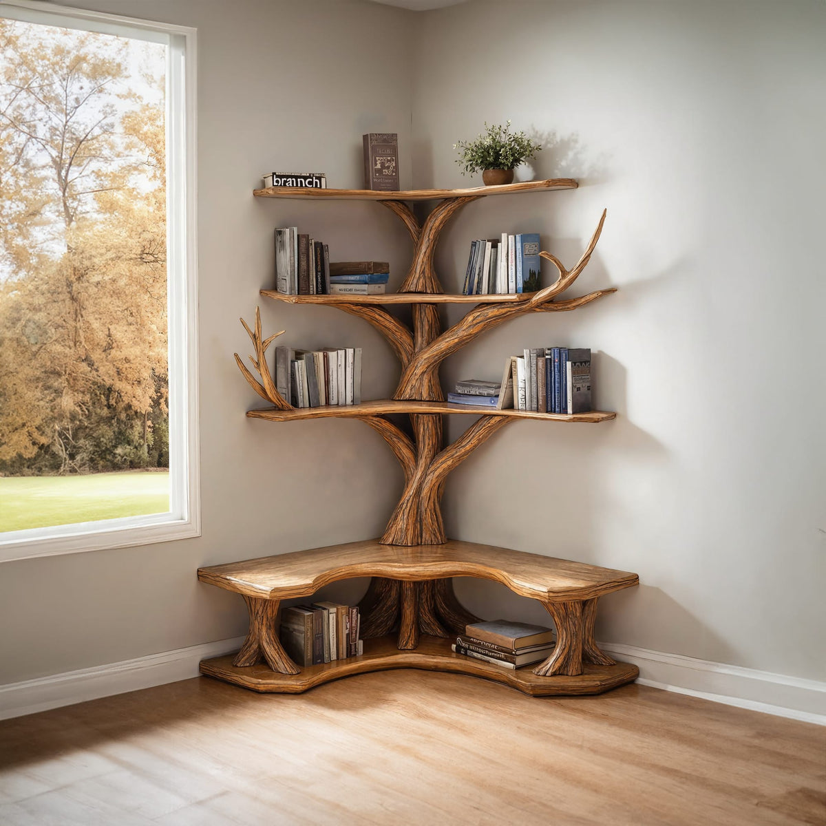 Tree Bookshelf with Corner Bench Lshaped Bench Driftwood Branch, solid wood, built to order