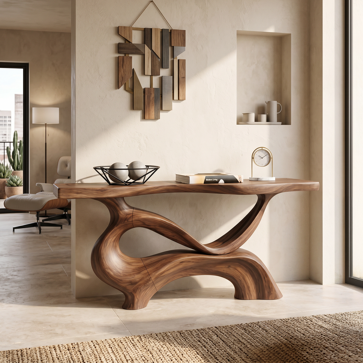 Contemporary Sculptural Base Console Table Hallway, solid wood, built to order