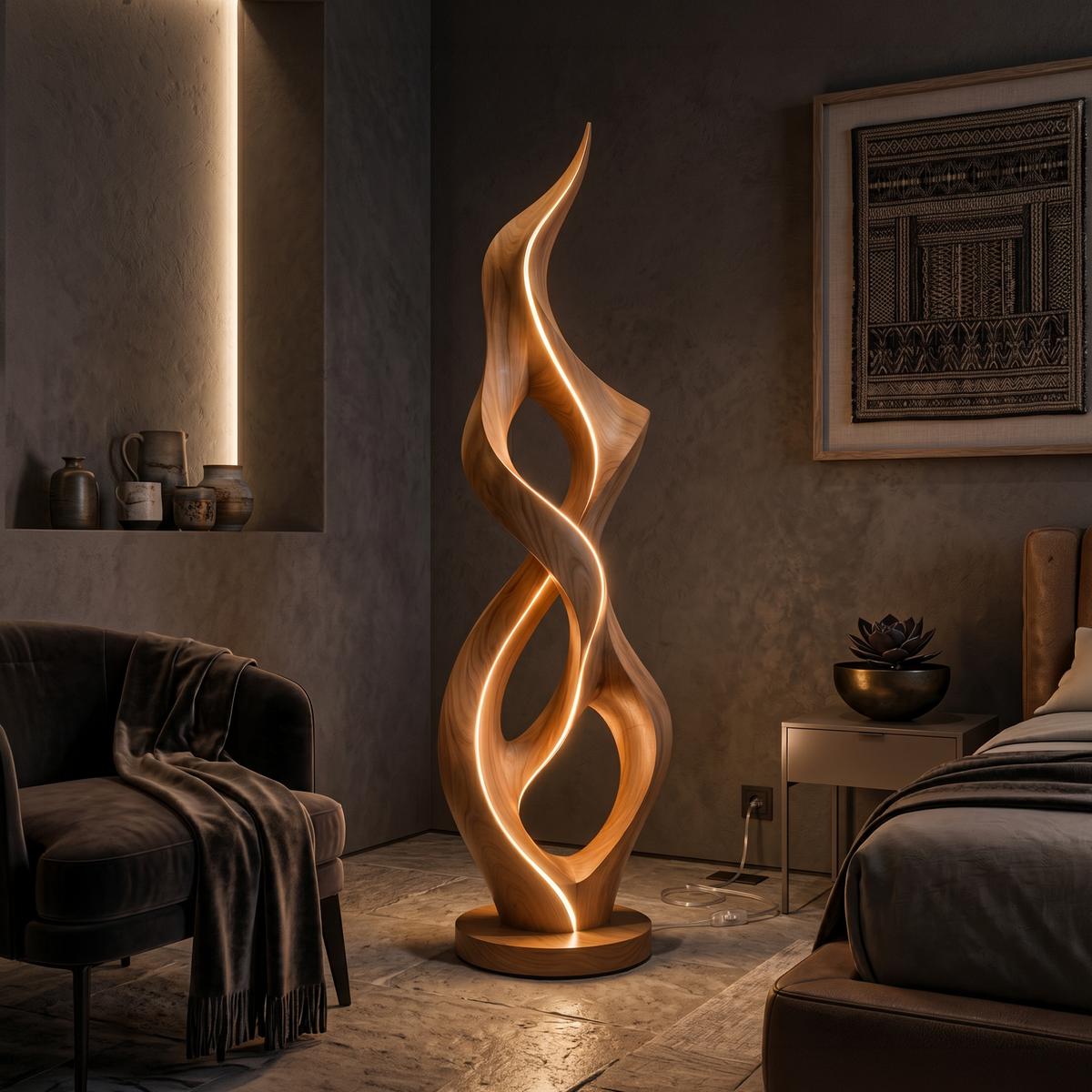 Organic Twist Floor Lamp, solid wood, built to order