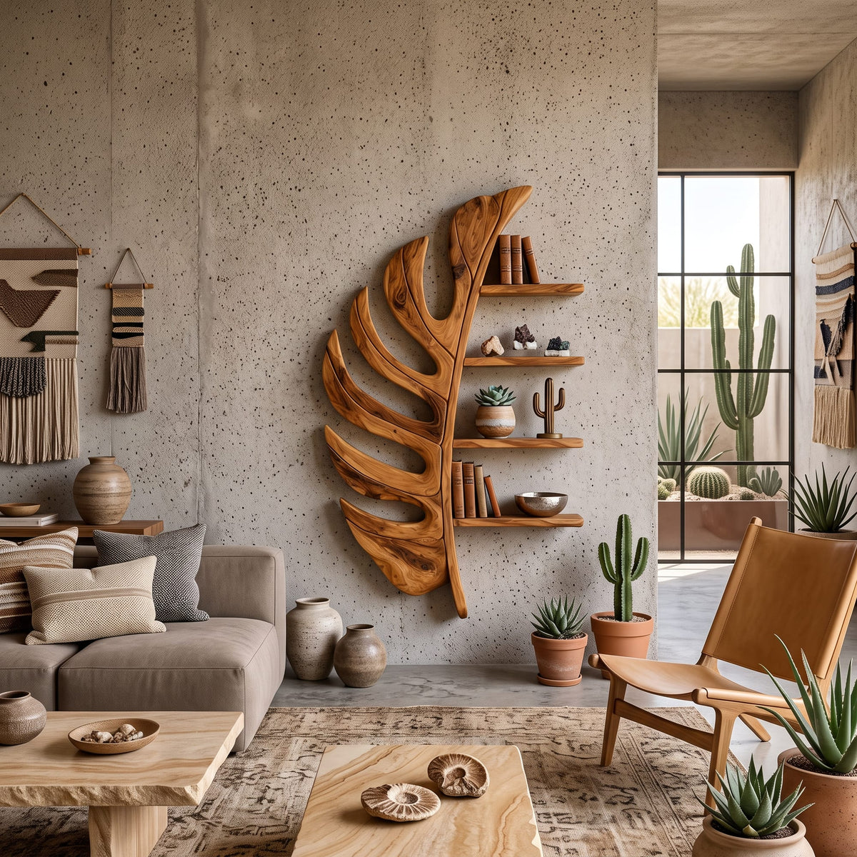 Artistic Leaf Statement Wall Bookshelf, solid wood, built to order
