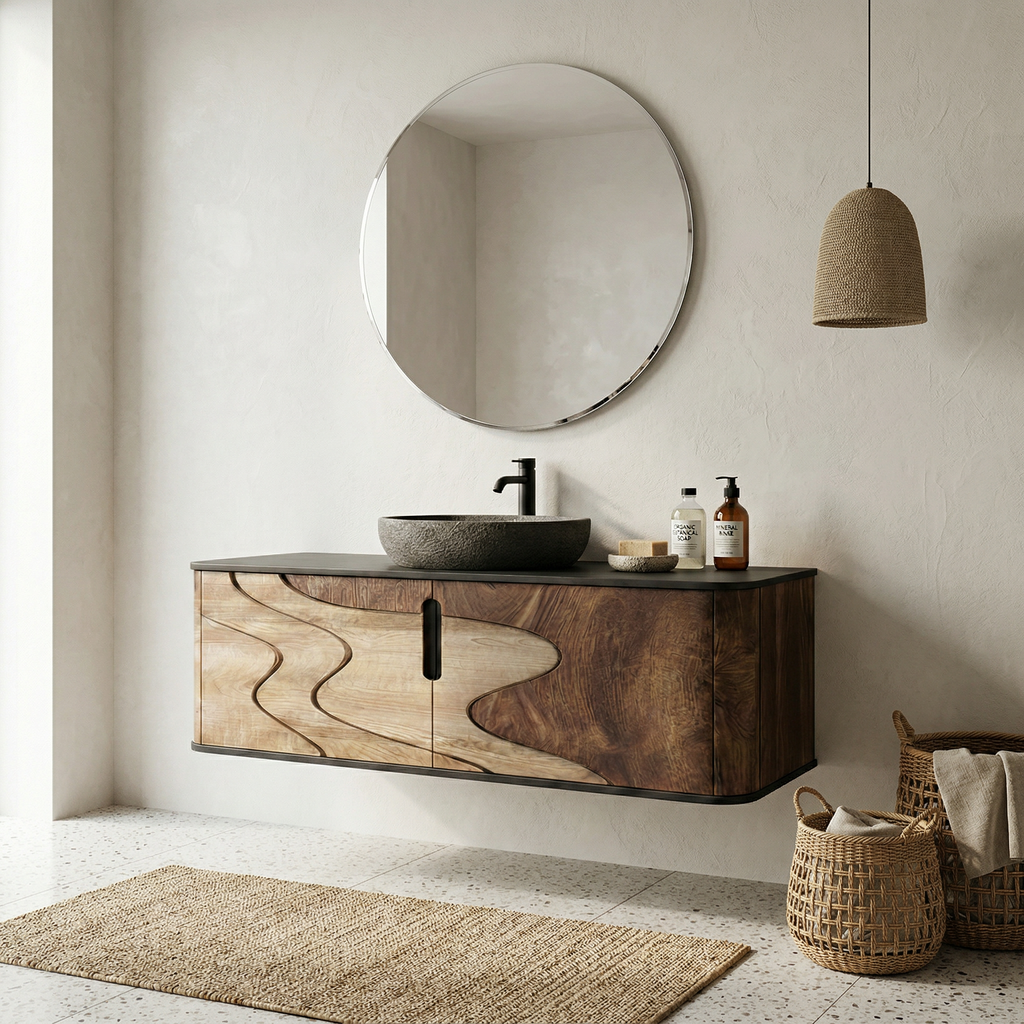 Organic Flow Bathroom Vanity Solid Curved Front Storage Bathroom, solid wood, built to order
