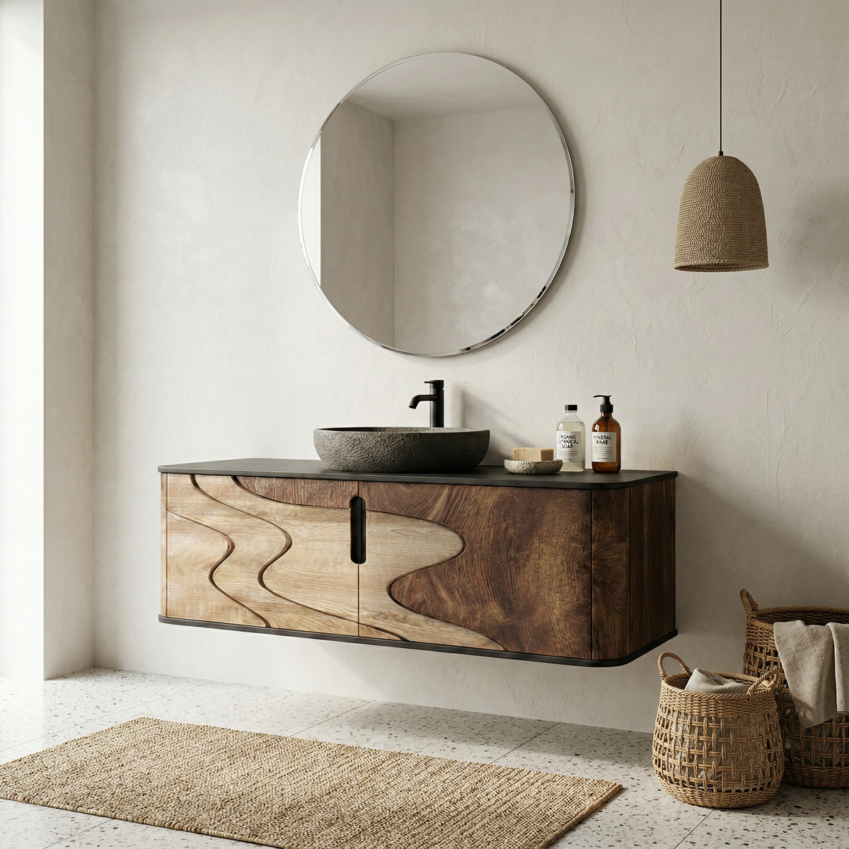 Organic Flow Bathroom Vanity Solid Curved Front Storage Bathroom, solid wood, built to order