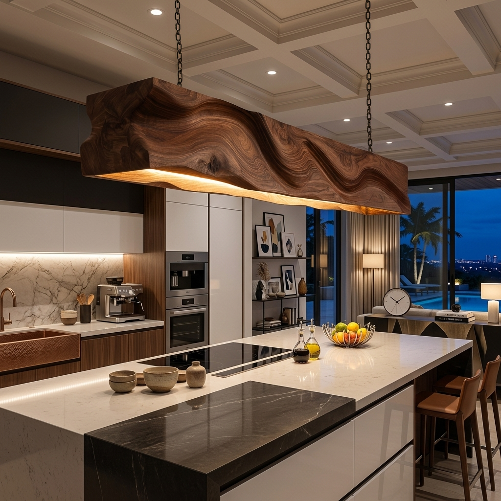 Pendant Light with Wave Carved Surface, solid wood, built to order