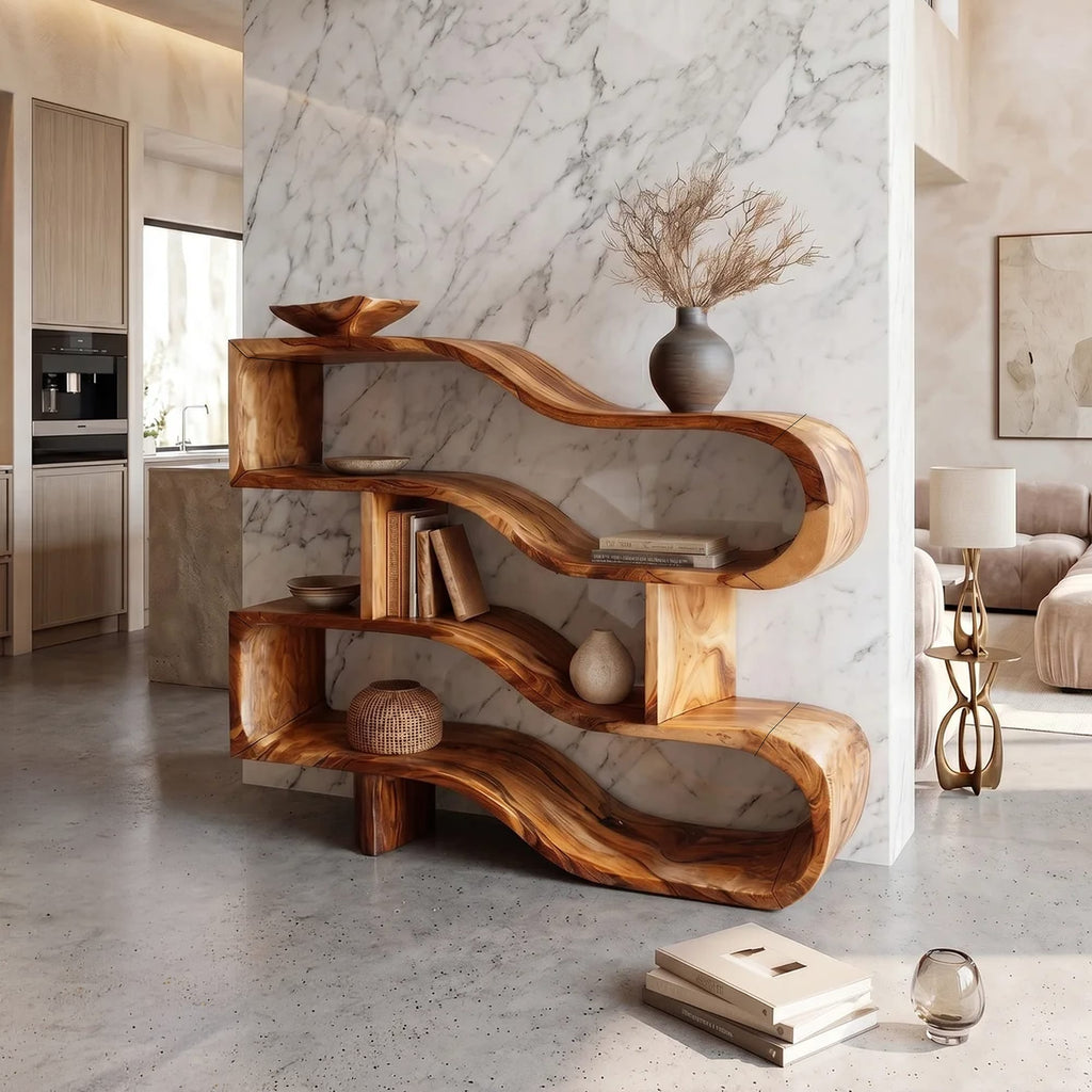 Modern Architectural Display Shelf with Floating Curves, solid wood, built to order