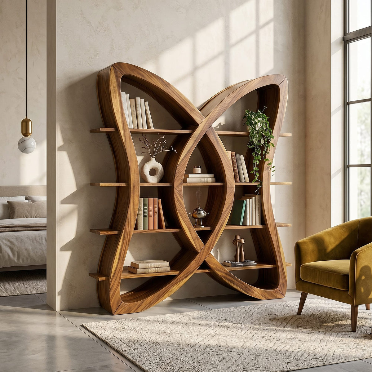 Butterfly Inspired Wooden Bookcase in Organic Style, solid wood, built to order