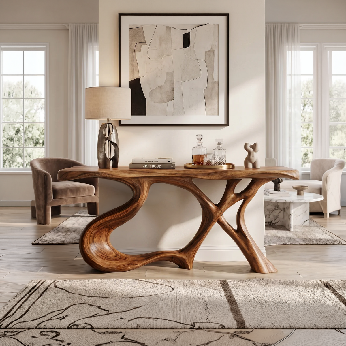 Organic Root Base Console Table Living Room, solid wood, built to order