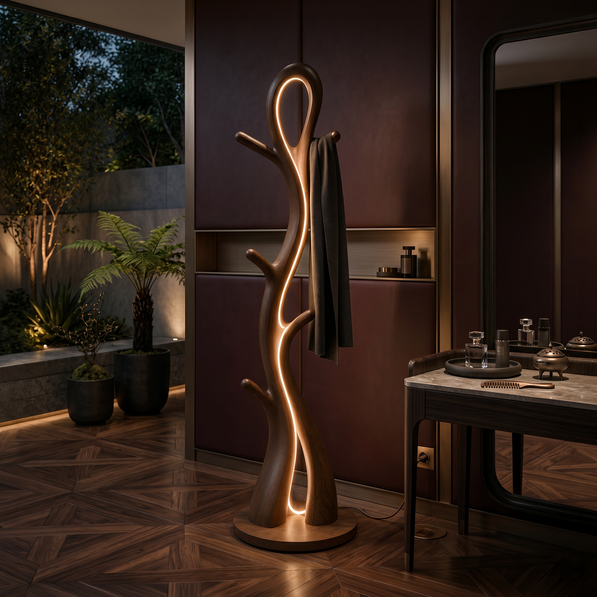 Contemporary Botanical Lamp with Hooks, solid wood, built to order