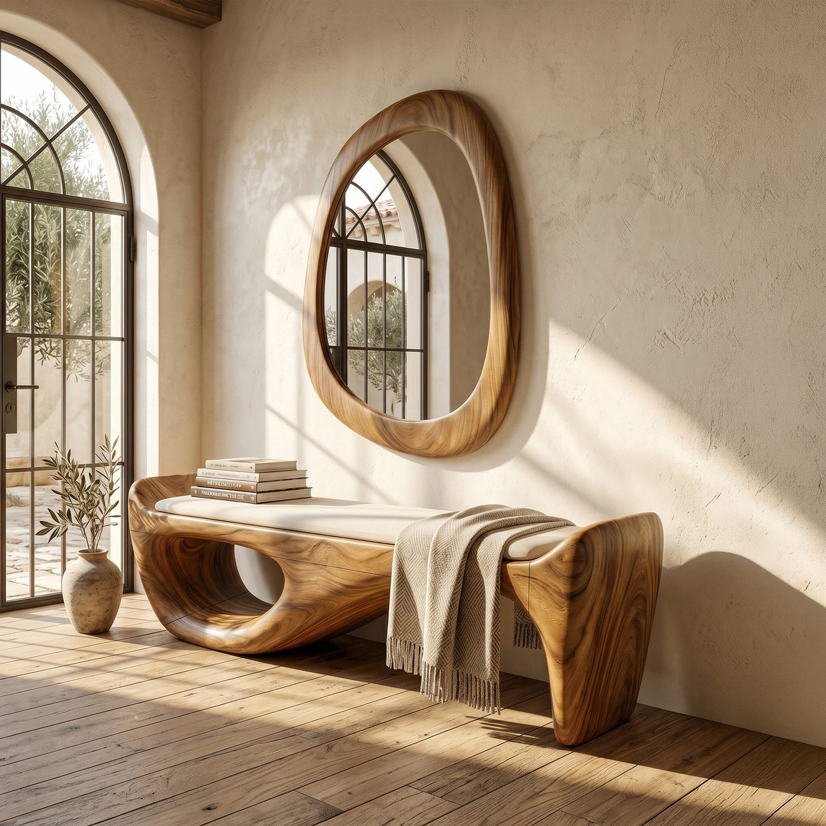 Designer Entryway Bench Organic Modern Home, solid wood, built to order