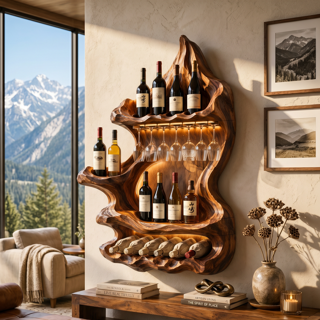 Organic Mountain Inspired Wine Shelf, solid wood, built to order