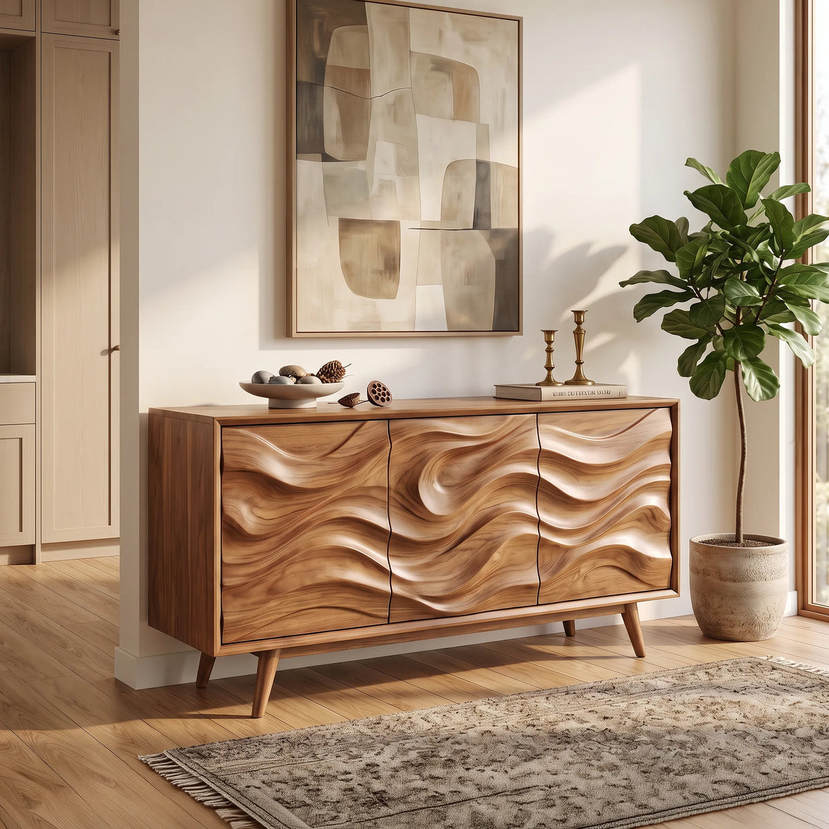 Organic Modern Wave Carved Sideboard Dining Room, solid wood, built to order