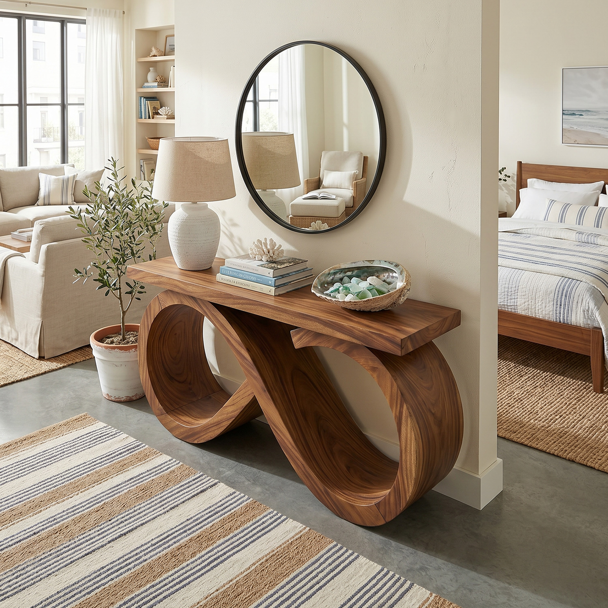 Contemporary Infinity Loop Console Table Hallway, solid wood, built to order