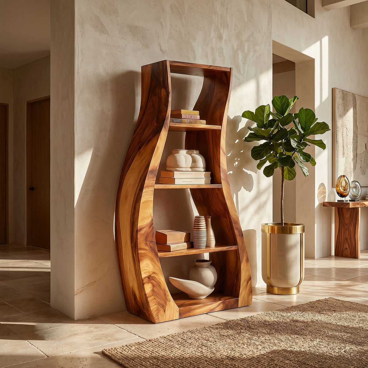 Minimalist Sculpted Accent Shelf with Flowing Silhouette, solid wood, built to order