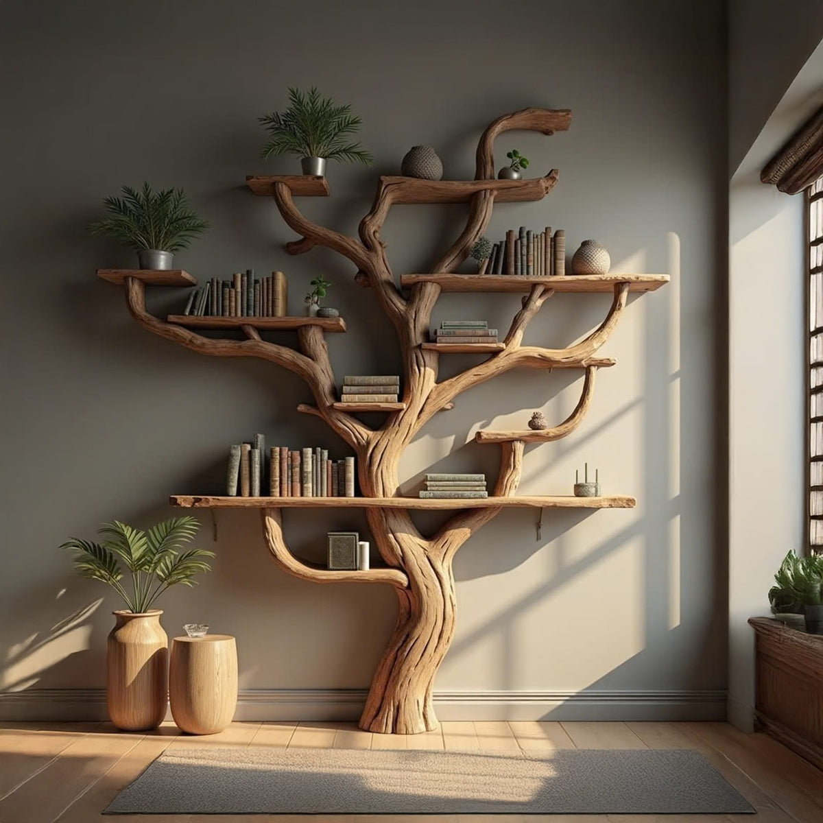 Corner Branch Shelf Wood Bookcase Wall Mounted, solid wood, built to order