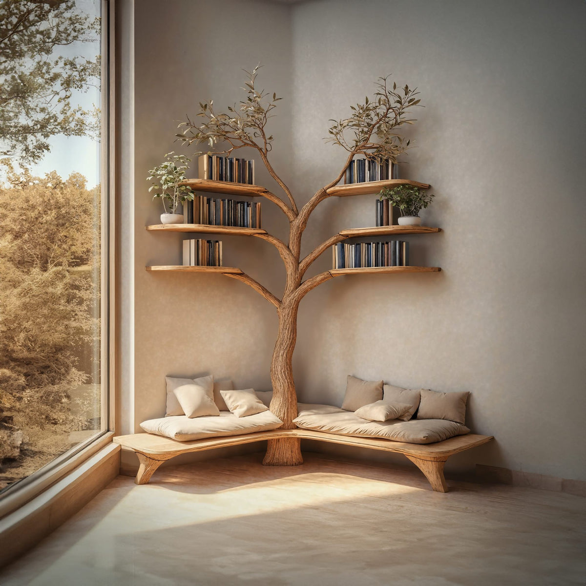 Tree Branch Floating Corner Shelf with Entryway Bench, solid wood, built to order