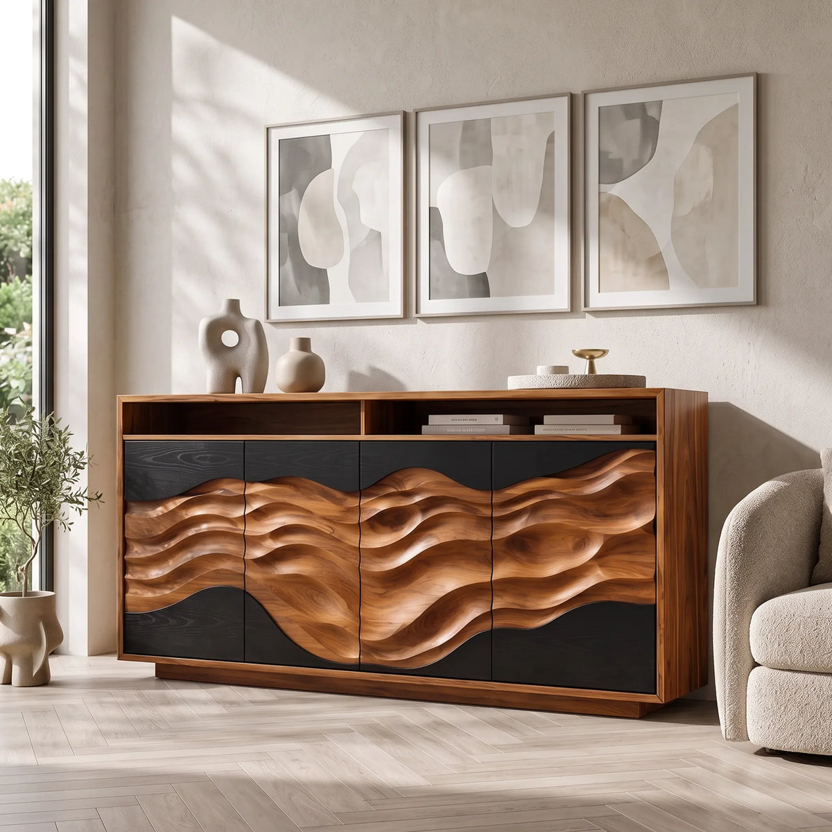 Minimalist Low Reeded Sideboard Living Room, solid wood, built to order