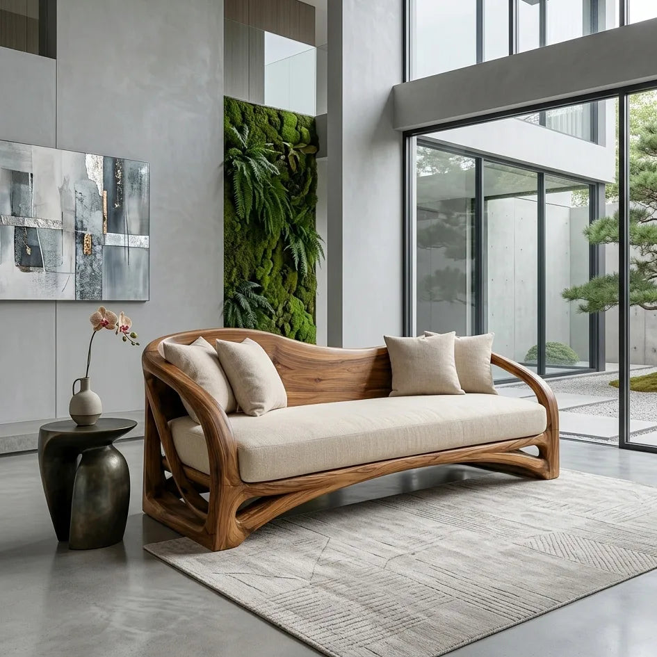 Organic Wooden Sofa with Sculptural Curved Frame, solid wood, built to order