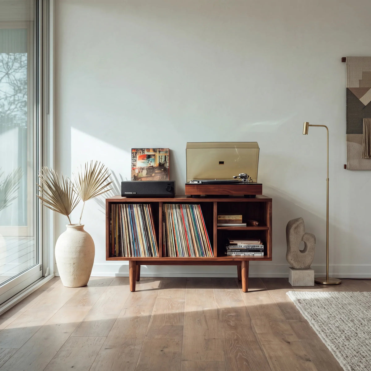 Minimalist Record Cabinet with Four Open Shelves, solid wood, built to order