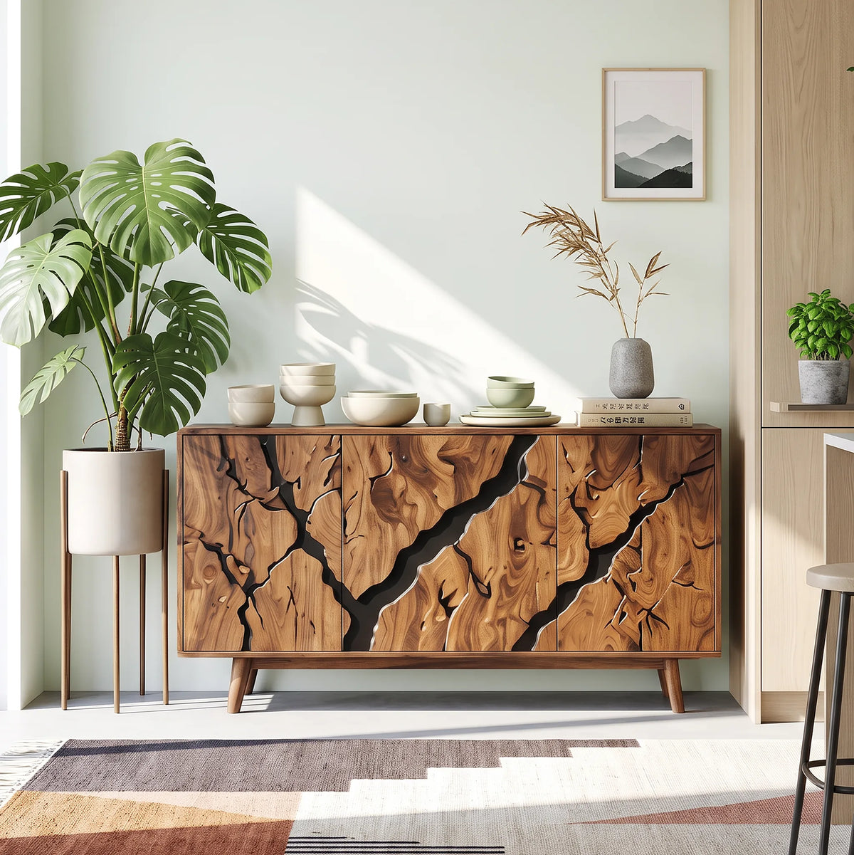 Contemporary Carved Sideboard Cabinet Entryway, solid wood, built to order