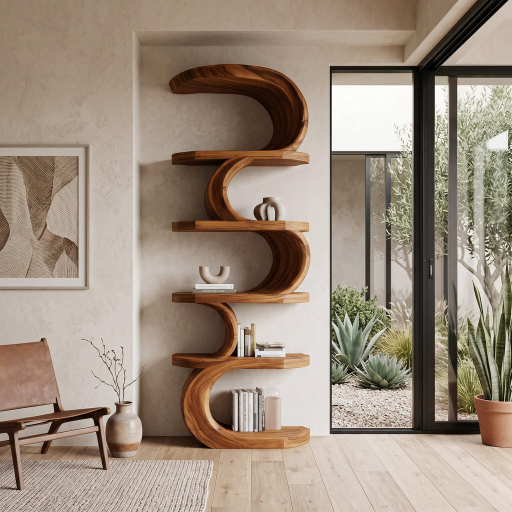 Modern Curved Bookshelf, solid wood, built to order
