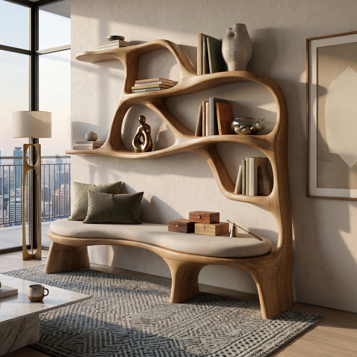Minimalist Window Seat Bookcase, solid wood, built to order