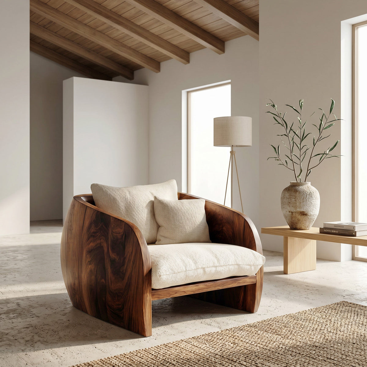 Organic Wooden Armchair with Rounded Frame, solid wood, built to order