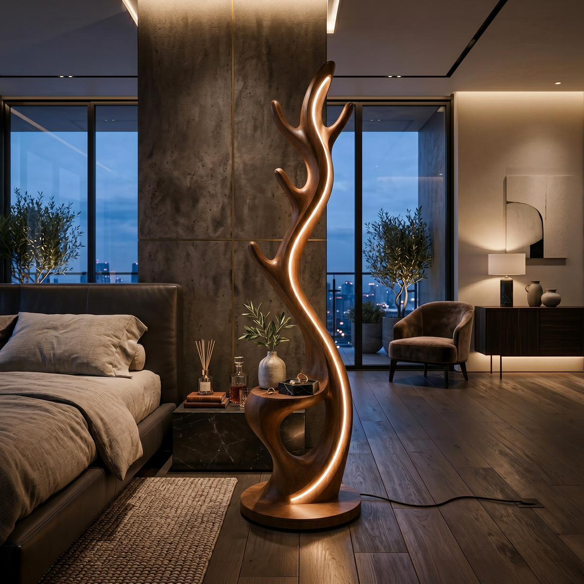 Minimalist Twig Lamp with Rack, solid wood, built to order