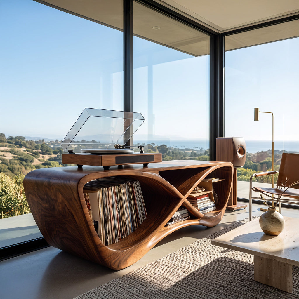 Contemporary Curved Record Player Console, solid wood, built to order