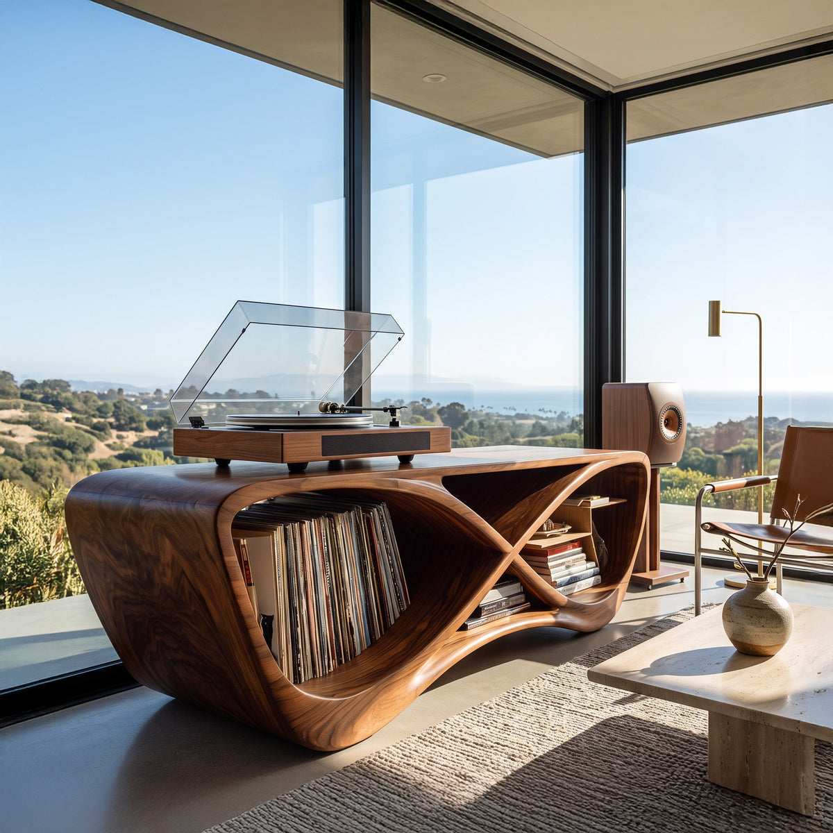 Contemporary Curved Record Player Console, solid wood, built to order