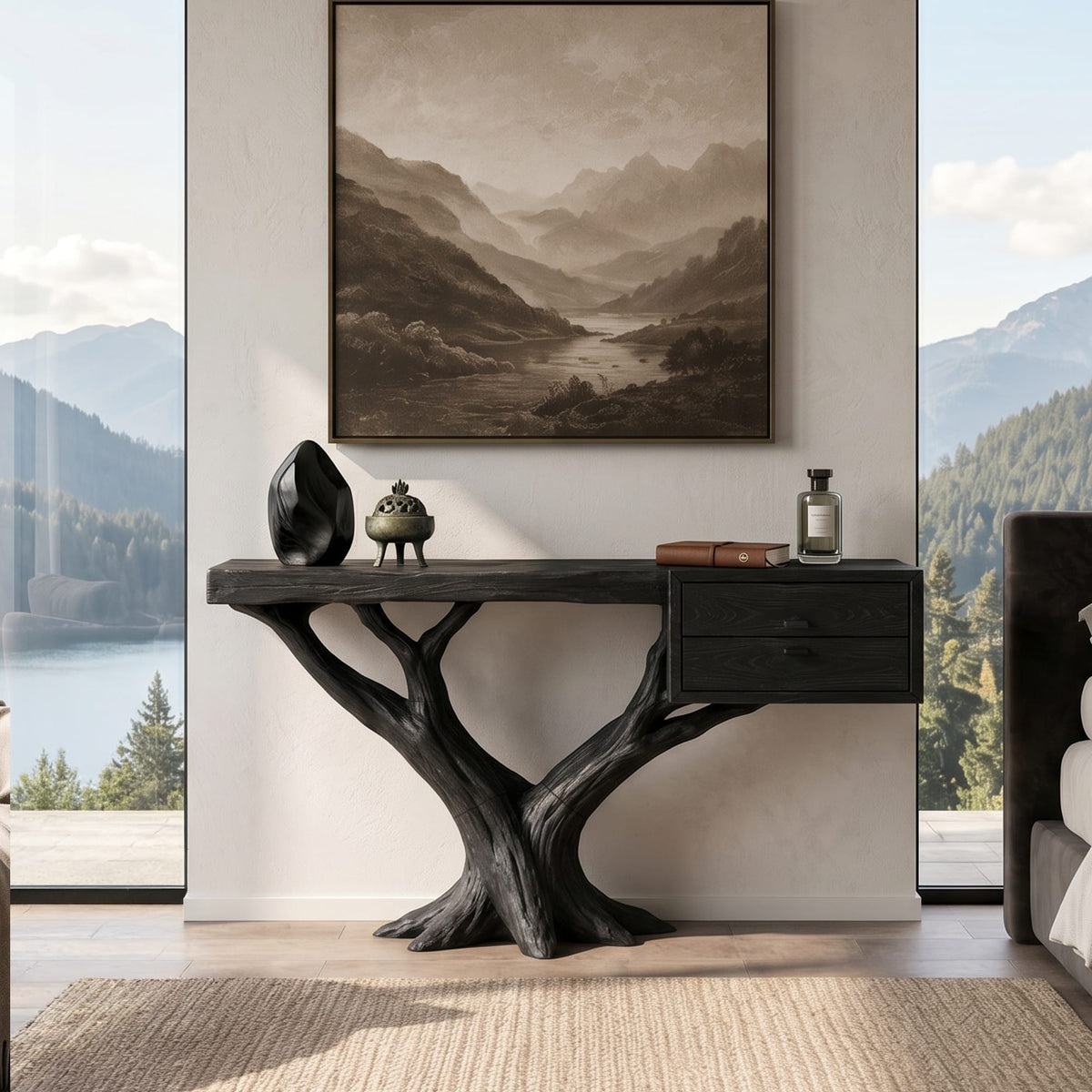Contemporary Floating Tree Console Table Hallway, solid wood, built to order