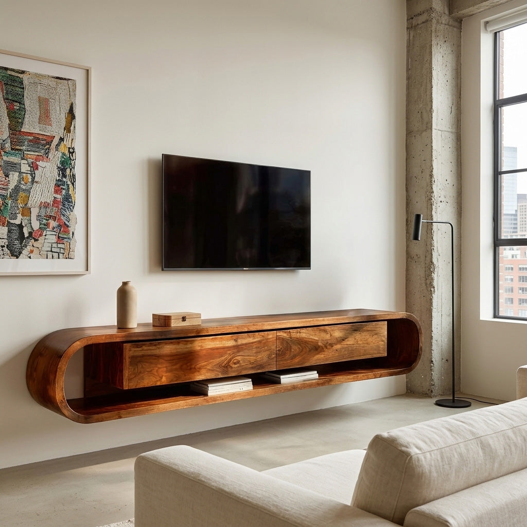 Organic Floating Sculptural TV Console, solid wood, built to order