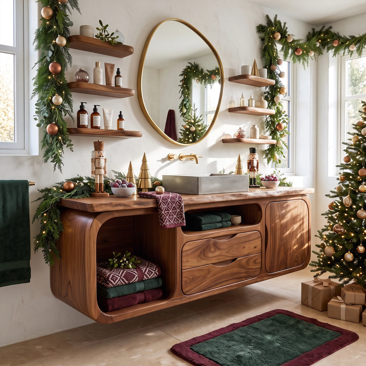 Organic Modern Nutcracker Storage Bathroom Vanity Villa, solid wood, built to order